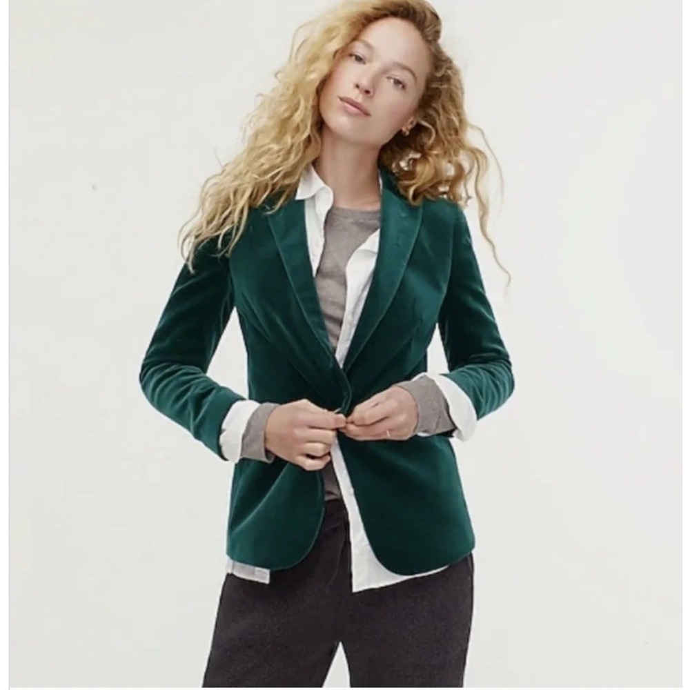 J Crew Emerald Green Velvet Blazer Jacket Preppy Parke Career Womens Size 00
